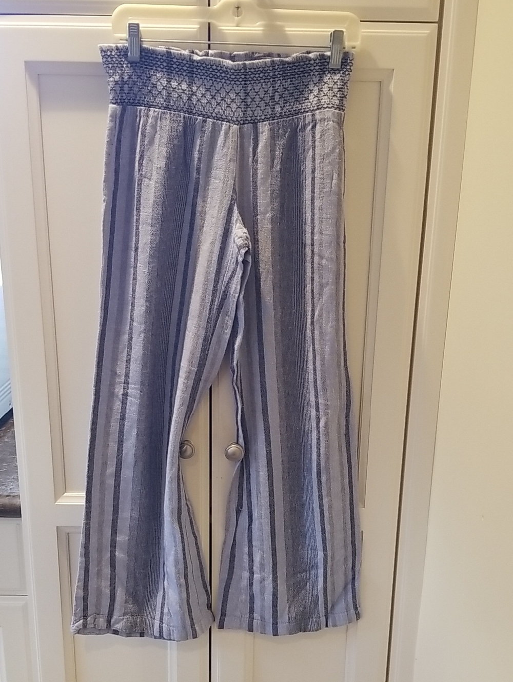 Indigo Rein Blue and Gray Striped Smocked-Waist Wide-Leg Pants - Size S